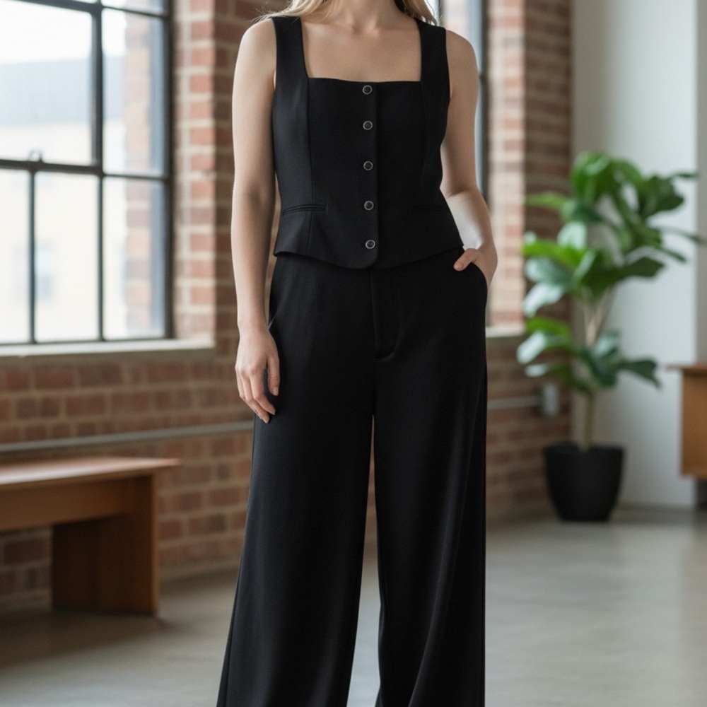 rag & bone Black Wide-Leg Sleeveless Jumpsuit with Buttoned Vest